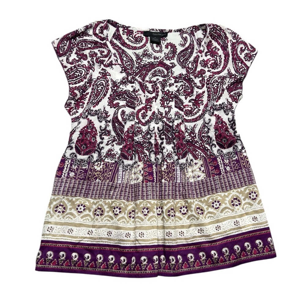 Calvin Klein Paisley Cotton Shirt Womens Medium‎ Lightweight Purple Sleeve Top